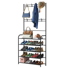 Entryway Coat Hat Rack Shoe Storage Shelf Shoe Rack Freestanding Hall Tree Garment Hanger Stand Clothes Shoe Organizer Combo - 5 Tier