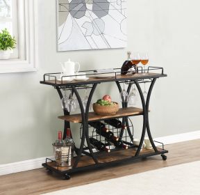 Industrial Black Bar Serving Cart for home with Wine Rack and Glass Holder;  3-tier Shelves;  Metal Frame - black