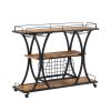 Industrial Black Bar Serving Cart for home with Wine Rack and Glass Holder;  3-tier Shelves;  Metal Frame - black