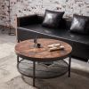 WESOME 2-Tier Single Panel Round Coffee Table for Living Room and Bedroom;  with 3D Texture Metal Frame and Mesh - Rustic Brown