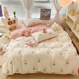 Cute Floral Rabbit Cotton Four-piece Set Pastoral Cotton Quilt Cover Bed Sheet Three-piece Set (Option: Pink Small Curcuma Aromatica-12m Bed Sheet)