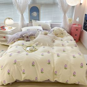 Cute Floral Rabbit Cotton Four-piece Set Pastoral Cotton Quilt Cover Bed Sheet Three-piece Set (Option: Purple Tulip-15m Bed Sheet)