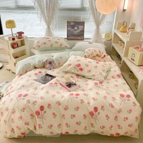 Cute Floral Rabbit Cotton Four-piece Set Pastoral Cotton Quilt Cover Bed Sheet Three-piece Set (Option: Pink Bouquet-15m Bed Sheet)